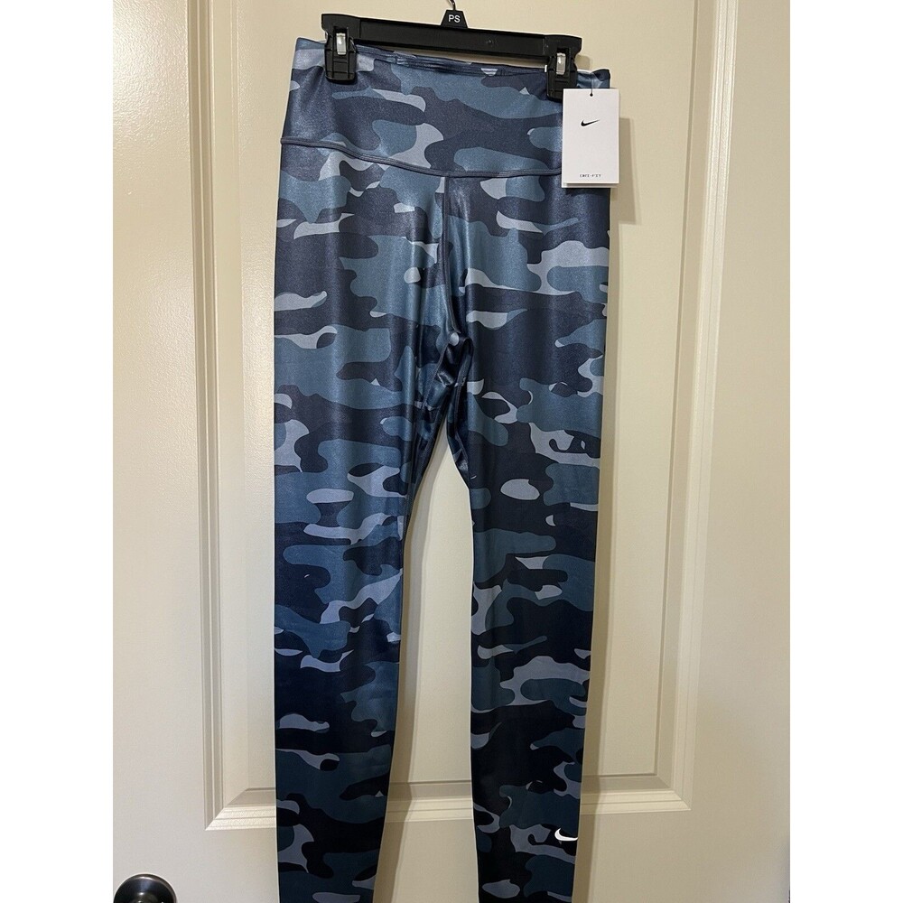 Women's Nike One Dri-Fit Mid Rise Blue Camo Leggings Full Length Shiny Sz Small